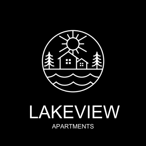 A logo for Lakeview Apartments featuring a house, trees, and water.